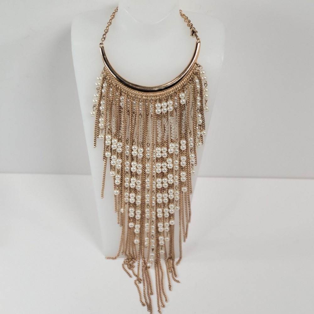 Gold Tone Faux Pearl Fringe Bib Necklace Boho Beaded Statement Jewelry Long